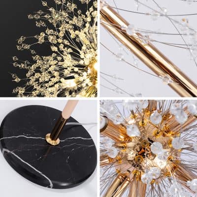 Elegant modern chandelier with gold accents and crystal embellishments.