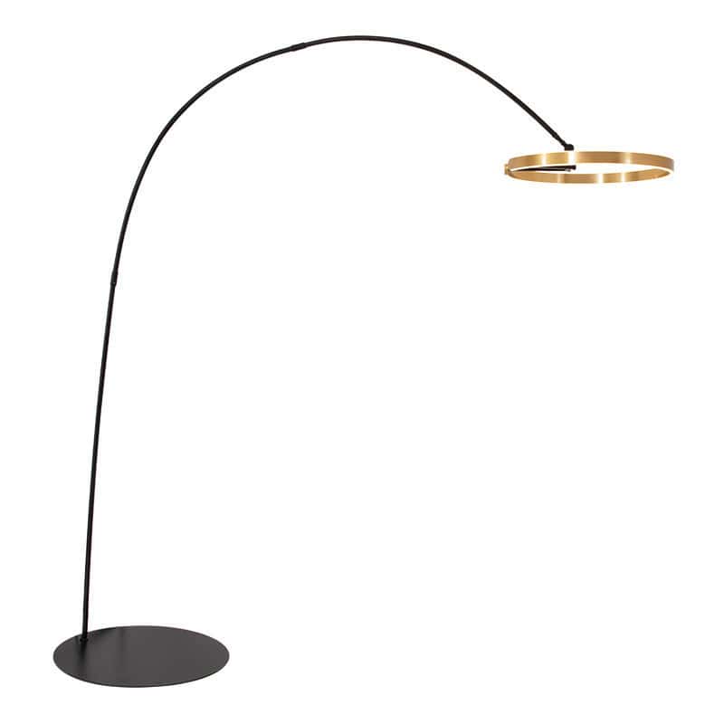 Elegant modern arc floor lamp with a gold circular lampshade, perfect for stylish interior lighting and home decor.