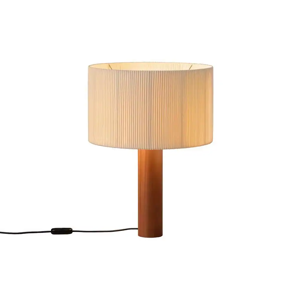 Warm wooden bedside lamp with beige fabric shade for living room or bedroom decor. Energy-efficient LED lighting, modern minimalist design, ideal for cozy home lighting.