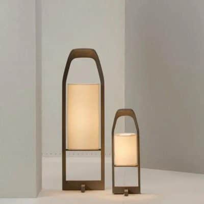 Floor lamp with wooden frame and soft warm light illumination for modern interior decor, ideal for creating cozy ambient lighting.