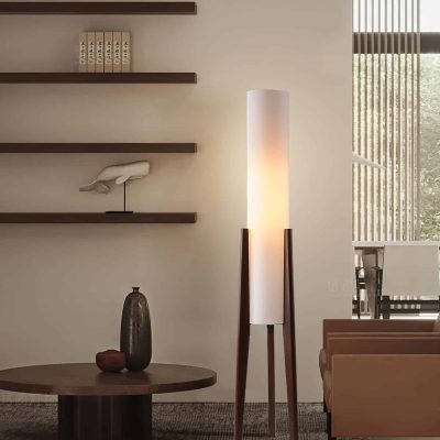 Modern interior of a Monalisa Medical Store, featuring minimalist decor with a sleek floor lamp, wooden shelves, and contemporary furniture design emphasizing comfort and style for optical clients.