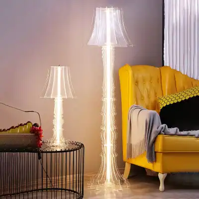 Elegant LED floor lamps with clear acrylic shades, modern lighting fixtures for living rooms and bedrooms, stylish home decor lighting.