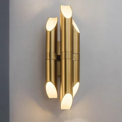 Brass wall sconce light fixture, modern minimalist design, elegant indoor lighting for homes and hotels, Monalisa Store skincare and beauty products, luxurious bathroom and living room decor.