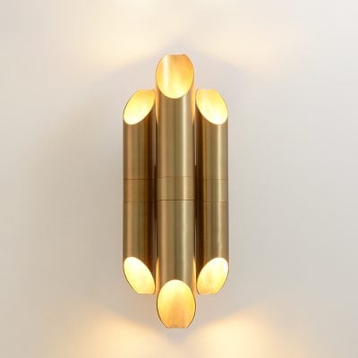 Modern gold LED wall sconce lighting fixture with sleek cylindrical design, ideal for sophisticated interior decor and enhancing ambient lighting in stylish spaces.