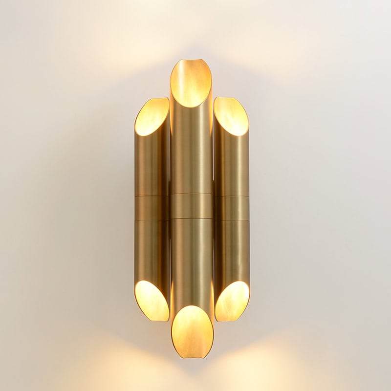 Modern gold LED wall sconce lighting fixture with sleek cylindrical design, ideal for sophisticated interior decor and enhancing ambient lighting in stylish spaces.