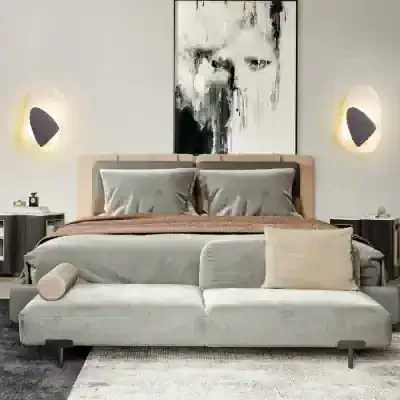 Luxury bedroom interior with modern decor and elegant furniture, showcasing a stylish bed, abstract artwork, and ambient lighting, perfect for upscale bedroom design inspiration.