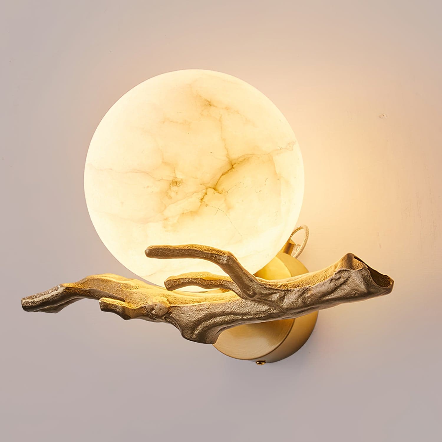 Elegant Monalisa Store modern wall lamp with a warm marble globe and artistic wooden accent, perfect for sophisticated interior decorating and enhancing bedside or living room lighting.