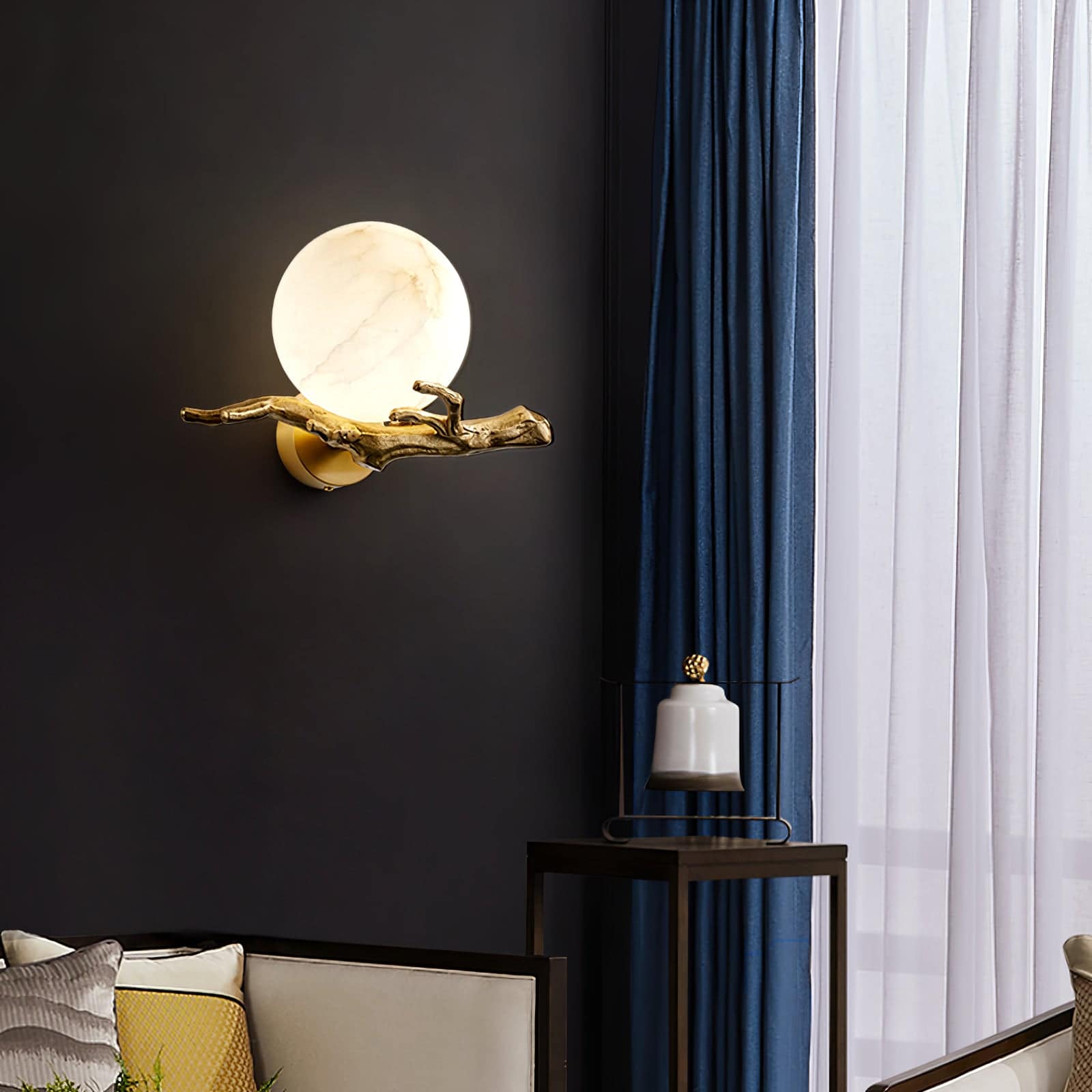 Elegant wall-mounted LED light with a marble circle and driftwood design, creating a stylish and modern ambiance in living room decor.