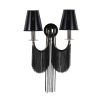 Elegant black chandelier with dual lampshades and cascading chain details, perfect for modern interior decor and luxury lighting solutions.
