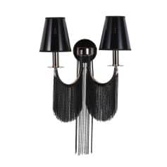 Elegant black chandelier with dual lampshades and cascading chain details, perfect for modern interior decor and luxury lighting solutions.