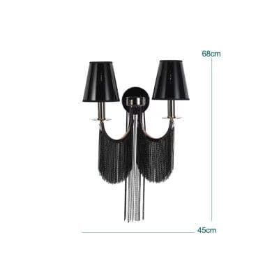 Elegant black chandelier with drum shades and hanging chain detail, perfect for modern interior decor, measuring 68cm in height and 45cm in width. Ideal for enhancing stylish home or office lighting.