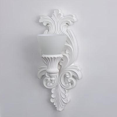 Ornate white wall sconce with intricate Baroque-style detailing, perfect for elegant interior decorating and enhancing luxury home decor.