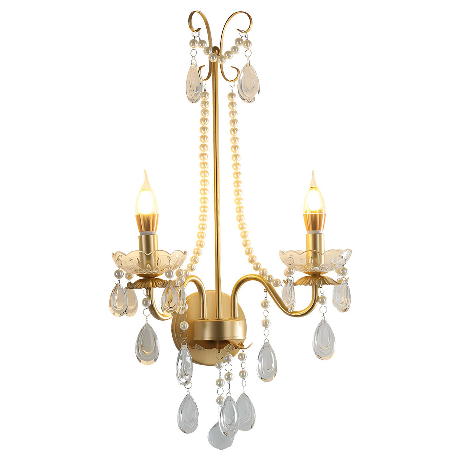 Elegant gold chandelier with crystal accents, ideal for luxury home and hotel lighting, featuring dual candle-style bulbs and ornate detailing. Perfect for enhancing sophisticated interior decor.