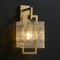 Elegant modern wall sconce light fixture with textured glass panels and gold accents, ideal for upscale interior decor and enhancing lighting ambiance in luxury spaces.