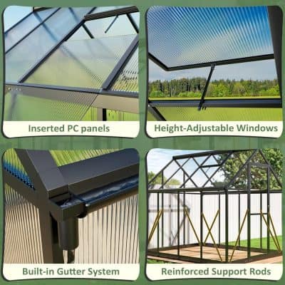 Versatile greenhouse with inserted PC panels, height-adjustable windows, built-in gutter system, and reinforced support rods for optimal plant growth and climate control.