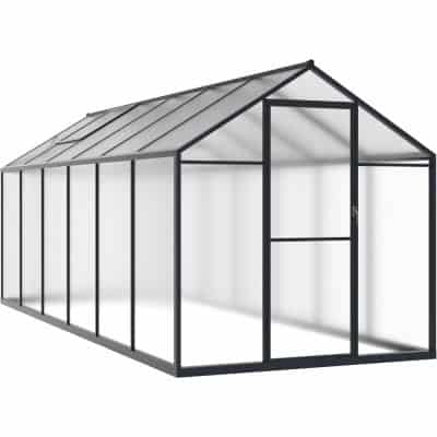 Durable aluminum-framed greenhouse with transparent panels, ideal for gardening and plant growth. Reliable, sturdy structure perfect for home or commercial use.