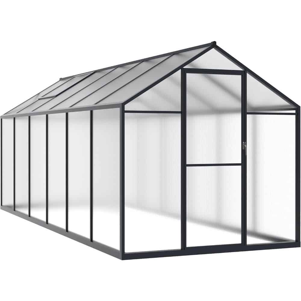 Durable aluminum-framed greenhouse with transparent panels, ideal for gardening and plant growth. Reliable, sturdy structure perfect for home or commercial use.