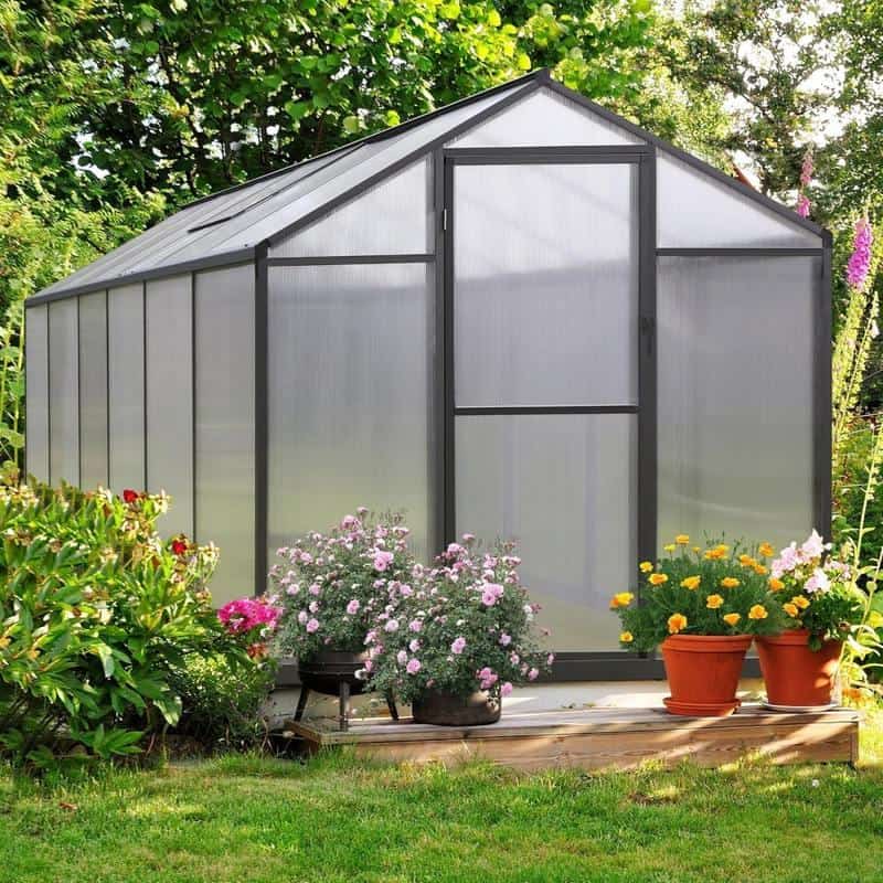 Greenhouse garden structure with transparent panels for plant growth and gardening in a lush backyard setting.