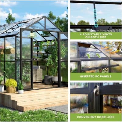 Polycarbonate greenhouse with adjustable vents, inserted PC panels, and a convenient door lock, ideal for gardening and plant protection.