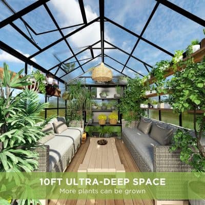 Lush greenhouse interior with abundant greenery, comfortable seating, and natural sunlight, ideal for plant growth and relaxation, promoted by Monalisa Medical's eco-friendly spaces.