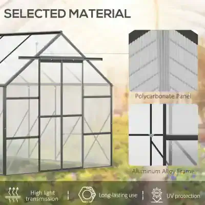 Polycarbonate greenhouse panels and aluminum frame for durable, UV-protected plant growing, offering high light transmission, long-lasting use, ideal for gardening and horticulture enthusiasts.