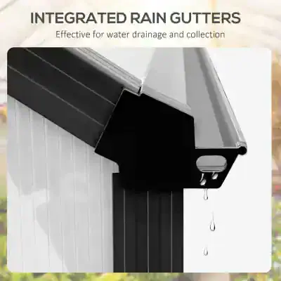 Black integrated rain gutter for water drainage and collection, ideal for roofing systems. Durable and efficient in channeling rainwater away from buildings, enhancing water management.