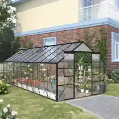 High-quality black metal and glass greenhouse for gardening and plant care, ideal for creating a lush garden oasis, available at Monalisa Store.