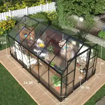 4. alt text only: Modern glass greenhouse with metal frame for gardening and plant cultivation, measuring 14.3ft by 8ft, with transparent panels and a wooden deck in a backyard setting.