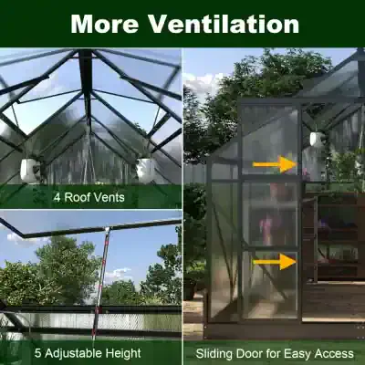 Flexible greenhouse with roof vents, adjustable height, and sliding door for enhanced ventilation and easy access, ideal for gardening and plant protection.