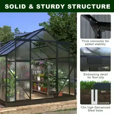 Durable greenhouse with galvanized steel base and sturdy structure, ideal for gardening and plant growth, featuring non-slip embossing details and thick connectors for added stability.