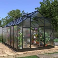 Beautiful greenhouse with glass panels and black metal frame, ideal for gardening and plant cultivation, perfect for backyard or garden use.