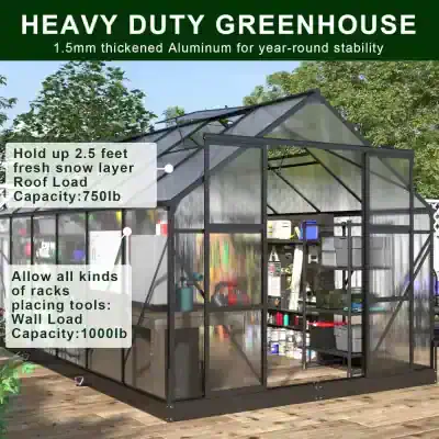 High-quality greenhouse for gardening, plant propagation, and outdoor farming with durable aluminum frame. Features include snow layer resistance, roof load capacity, and flexible racks for gardening tools and supplies.