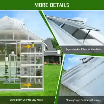 High-quality greenhouse with sliding barn door and adjustable roof vent for optimal ventilation and drainage features, perfect for gardening enthusiasts.