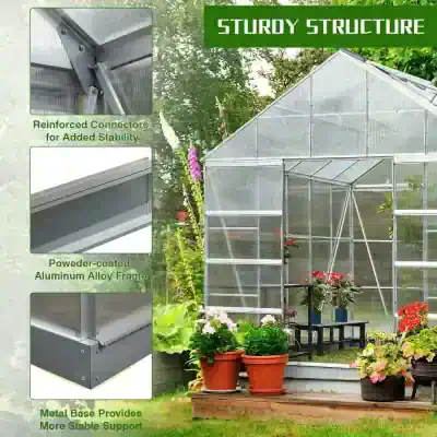 Reinforced greenhouse structure with aluminum alloy frame, sturdy metal base, and reinforced connectors for added stability, ideal for durable and stable gardening and plant cultivation.
