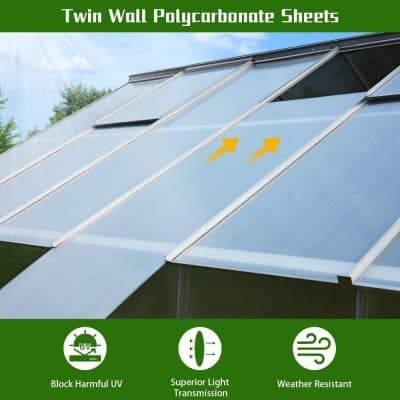 Polycarbonate greenhouse panels for UV protection and weather resistance.