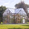 Greenhouse with glass panels filled with tropical plants, set outdoors with trees and blue sky in the background. Suitable for gardening and plant growth, showcasing modern greenhouse design at Monalisa Store.