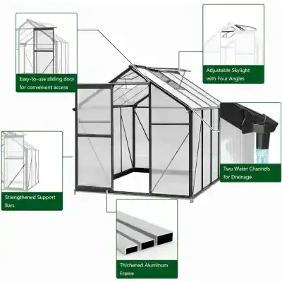 Durable aluminum framed greenhouse with adjustable skylight, sliding door, support bars, water drainage channels, and energy-efficient design for optimal plant growth.