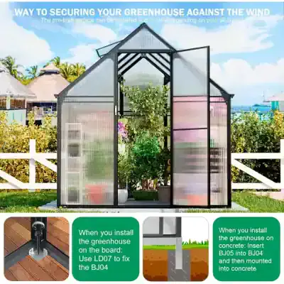 Greenhouse with transparent polycarbonate panels, black metal frame, and opening door, set in a lush garden with tropical scenery for optimal plant growth.