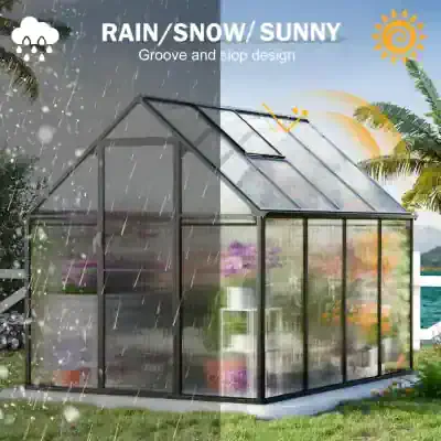 Rain/snow/sunny greenhouse with groove and slope design organic gardening, climate control, durable glass structure on lush garden background for plant growth and protection.