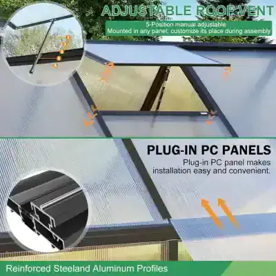 Adjustable roof vent for greenhouses, with plug-in PC panels and reinforced steel aluminum profiles for easy installation and customization.
