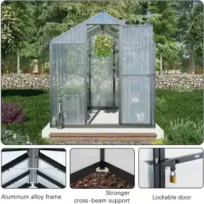 Modern greenhouse with aluminum alloy frame and lockable door for optimal plant cultivation and outdoor gardening.
