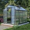 Modern glass greenhouse for gardening and plant care, featuring durable aluminum frame and transparent panels for optimal sunlight, ideal for outdoor plant cultivation.