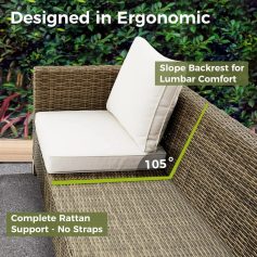 Ergonomic outdoor rattan sofa with lumbar support and slope backrest for comfort.
