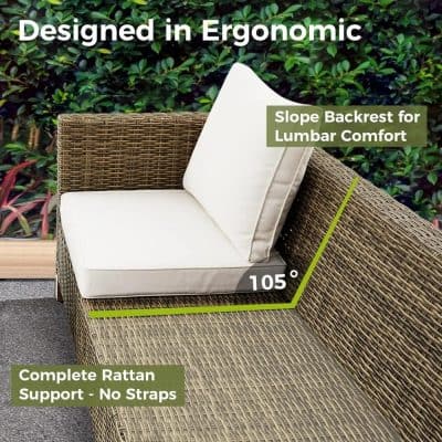 Ergonomic outdoor rattan sofa with lumbar support and slope backrest for comfort.