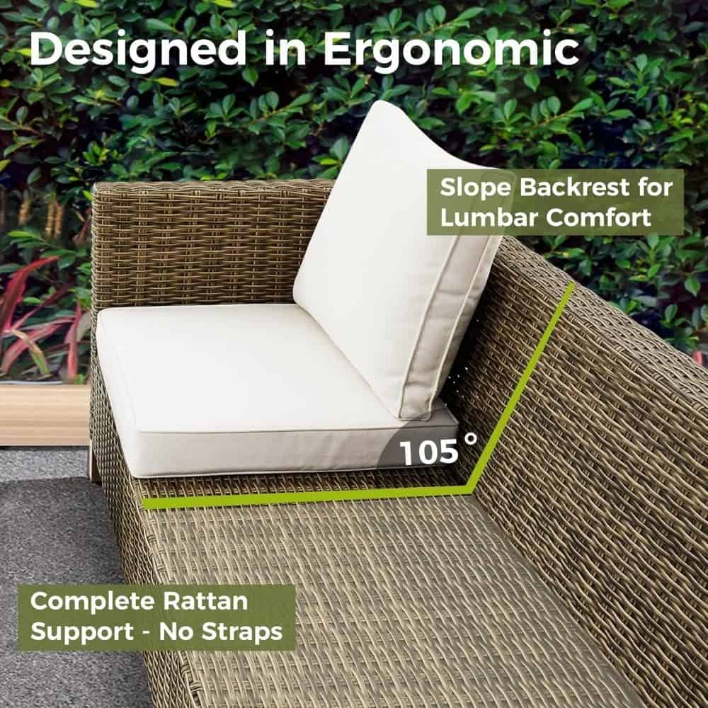 Ergonomic outdoor rattan sofa with lumbar support and slope backrest for comfort.