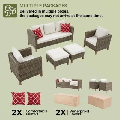 Comfortable outdoor patio furniture set with woven rattan material, includes sofas, armchairs, ottomans, and waterproof covers, perfect for garden or veranda relaxation.