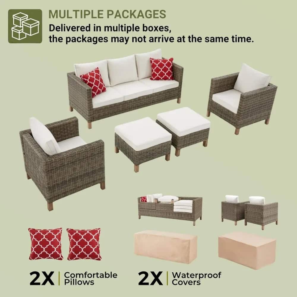 Comfortable outdoor patio furniture set with woven rattan material, includes sofas, armchairs, ottomans, and waterproof covers, perfect for garden or veranda relaxation.