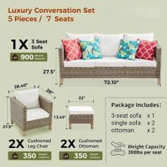 Elegant outdoor wicker patio furniture set featuring a 3-seat sofa, cushioned leg chairs, ottomans, perfect for garden or patio relaxing and entertaining.