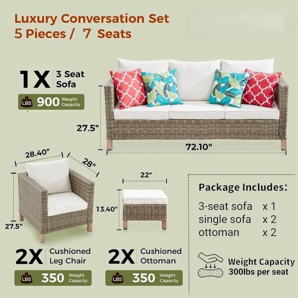 Elegant outdoor wicker patio furniture set featuring a 3-seat sofa, cushioned leg chairs, ottomans, perfect for garden or patio relaxing and entertaining.