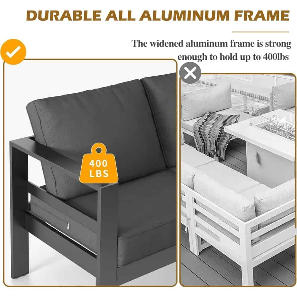 Sturdy aluminum frame outdoor furniture, durable patio set, weather-resistant seats, suitable for gardens and patios, with 400 lbs weight capacity, perfect for relaxing outdoors.